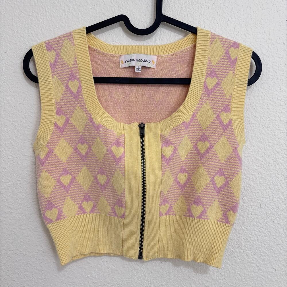Sweet Republic Yellow Pink Argyle Knit Sweater Vest Zip Front Y2K Preppy Size-S